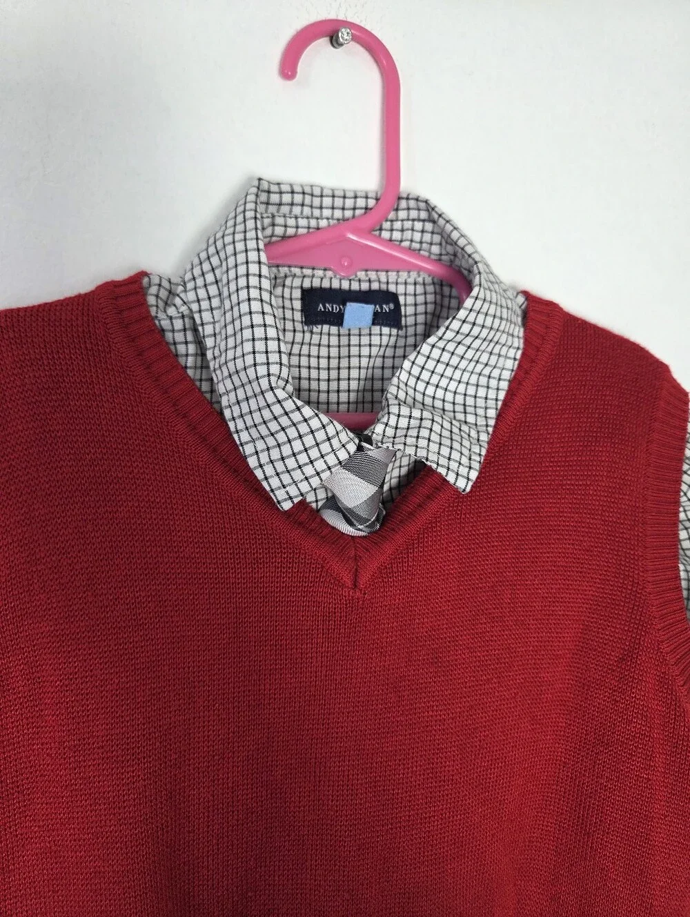 Boys Size 7 Sweater Vest Set Button Up Shirt Slacks Dress Pants Red Christmas